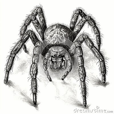 giant tarantula spider, scary black hairy predatory spider, black and white drawing, engraving Stock Photo
