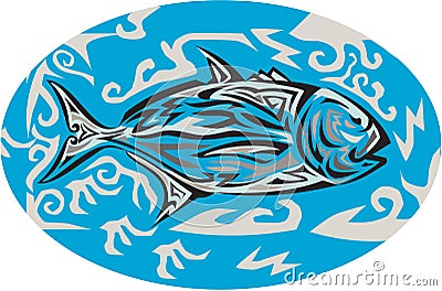 Giant Trevally Side Oval Tribal Art Vector Illustration