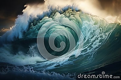 Giant tsunami waves, dark stormy sky. Perfect Storm. Huge waves Tsunami Big waves. Generative AI Stock Photo