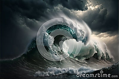 Giant tsunami waves dark stormy sky perfect storm, scenery background Cartoon Illustration