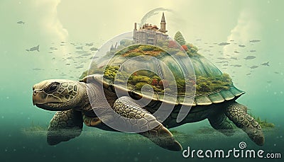 A giant turtle carrying a castle over its shell Stock Photo