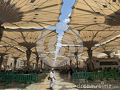 Giant umbrellas at Nabawi Mosque, Medina Saudi Arabia Editorial Stock Photo