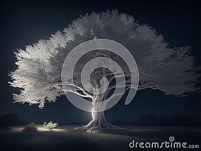 A giant white glowing tree of life in the forest at night, tree of life concept -Generative Ai Cartoon Illustration