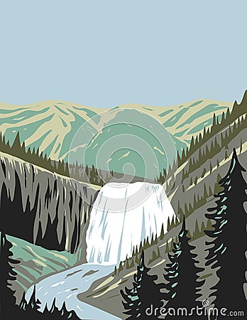 Gibbon Falls a Waterfall on the Gibbon River in Northwestern Yellowstone National Park Wyoming USA WPA Poster Art Vector Illustration