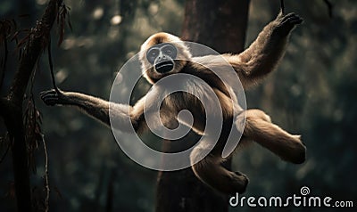 Gibbon suspended mid-air in a forest clearing. Composition showcases gibbons agile & acrobatic nature as it swings effortlessly Stock Photo