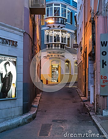 Evening narrow street in center of town Editorial Stock Photo