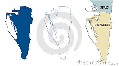 Gibraltar map of the British Oversea Territory. High detailed vector outline, blue silhouette and political map with spanish bo Vector Illustration