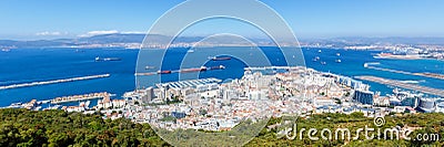 Gibraltar port panoramic view airport Mediterranean Sea ships travel traveling town overview Stock Photo