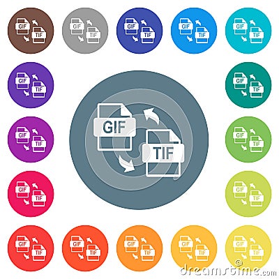 Gif tif file conversion flat white icons on round color backgrounds Vector Illustration