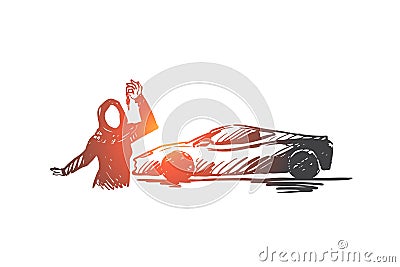 Gift, acquisition, hijab, islam, girl, car concept. Hand drawn isolated vector. Vector Illustration