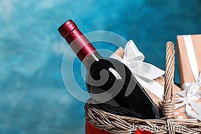 Gift basket with bottle of wine Stock Photo