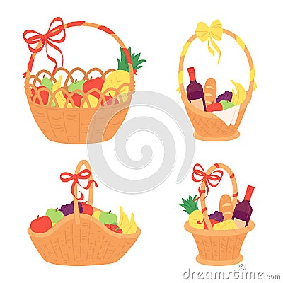 Gift basket. Wicker present full of fruits. Handmade container made of wicker with ribbon bow on handle Vector Illustration