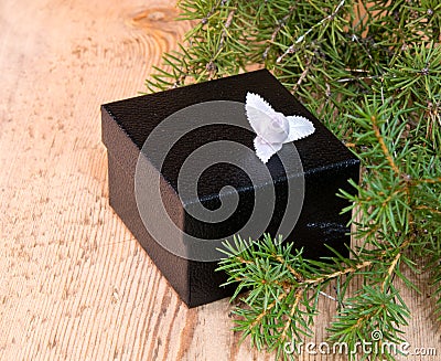 Gift black box with fir branches Stock Photo