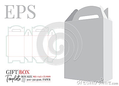 Gift Box with handle Template, vector with die cut / laser cut lines. White, clear, blank, isolated Present Box mock up on white Vector Illustration