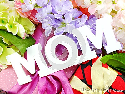 Gift box and artificial flowers for mother's day Stock Photo