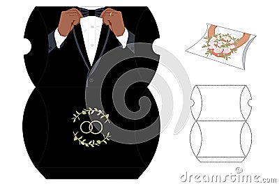 Gift Box black guy groom wedding die-cut template. Black suit, tuxedo, and bow tie. Vector blueprint Vector Illustration