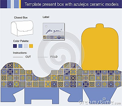 Gift box with blue azulejos ceramic model and instructions Vector Illustration