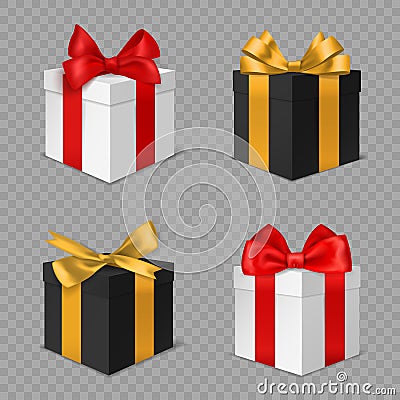 Gift box with bow. Black and white christmas presents with red and gold bows side view. Holiday xmas and birthday Vector Illustration