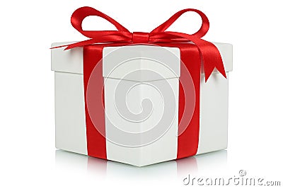 Gift box with bow for gifts on Christmas, birthday or Valentines Stock Photo