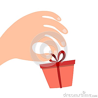 Gift box with a bow on his hand. Businessman, manager or seller proposes to take a gift for a holiday or birthday Vector Illustration