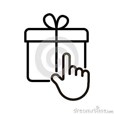 Gift box choose hand, click tap on box, line icon. Present box, package buy in shop. Surprise on party and celebration Vector Illustration