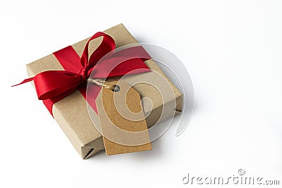 Gift box with empty tag Stock Photo