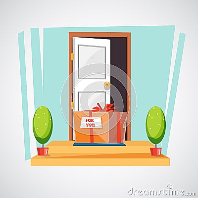 Gift box on the floor of entry of the house. surprise or deliver Vector Illustration