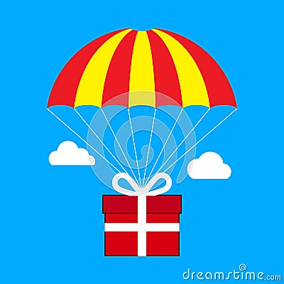 Gift box flying on parachute, delivery service, bonus concept. F Vector Illustration