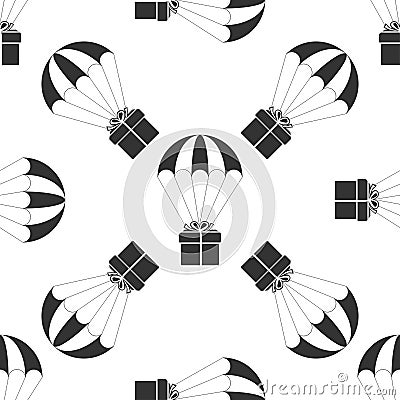 Gift box flying on parachute icon seamless pattern on white background. Delivery service, air shipping concept, bonus Vector Illustration