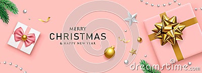 Gift box gold bow ribbon and pink ribbon merry christmas and happy new year banners Vector Illustration