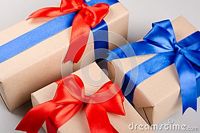 Gift box on gray background composition, present with ribbon and bow Stock Photo