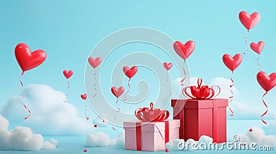 Gift box with heart balloon floating in the sky, Happy Valentines Day banners, paper art style AI Generated Stock Photo