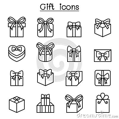 Gift box icon set in thin line style Vector Illustration