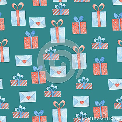 Gift box and letter watercolor seamless pattern Stock Photo