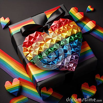 Gift box of LGBTQ love with large rainbow heart Cartoon Illustration