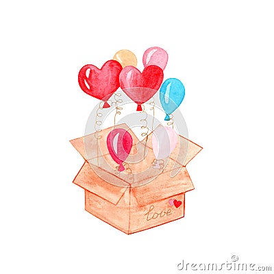 Gift box with multi-colored bright heart-shaped balloons. Surprise gift for your loved one. Cartoon Illustration