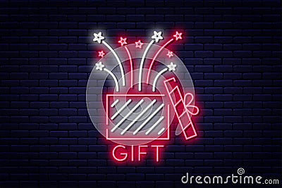 Gift box, neon sign. Reward or bonus concept, prize or surprise. Gift and firework, neon style sign board Vector Illustration