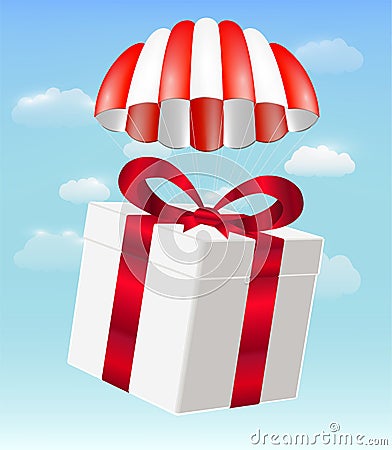 Gift box with parachute on sky background Vector Illustration