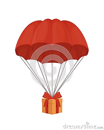 Gift box on a parachute. Surprise with red ribbon descends from sky under an elegant dome. Vector Illustration