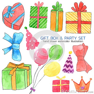 Gift Box and Party watercolor collection on white background , Hand drawn for Kids, Greeting Card , Cases design, Postcards, Stock Photo