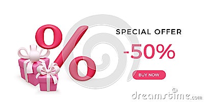Gift box with percent sign in red color. Mega sale banner or special offer advertising. Discount card concept Vector Illustration