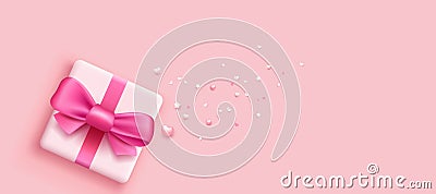 Gift box pink bows ribbon banner design on pink background Vector Illustration