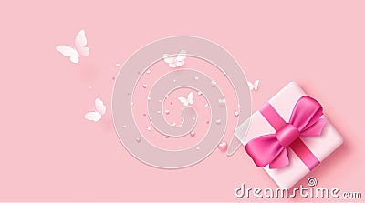 Gift box pink bows ribbon with butterfly paper cut and heart, banner design on pink background Vector Illustration