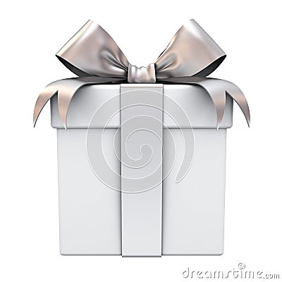 Gift box or present box with silver ribbon bow isolated on white background Stock Photo