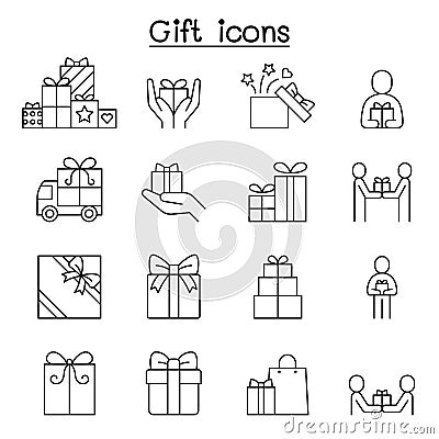 Gift box , Present icon set in thin line style Vector Illustration