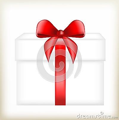 Gift box with a red bow, packing for a gift, gift in a white box, boxing with a red ribbon, Stock Photo