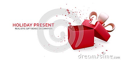 Gift box with red ribbon and bow and falling confetti. Present box decoration design element. Holiday banner with open box Vector Illustration