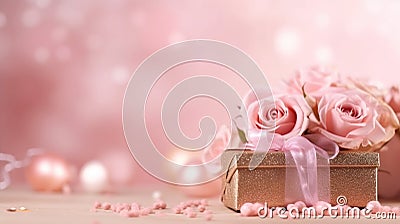 Gift box and roses on abstract pink background with bokeh, copy space. Gretting card for Valentine's day or Wedding day. Stock Photo