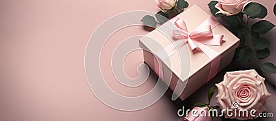 gift box with roses on pink background. mothers day, valentines day, aniversary. copy space. generative AI Stock Photo