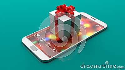 Gift box on a smartphone on green background. 3d illustration Cartoon Illustration